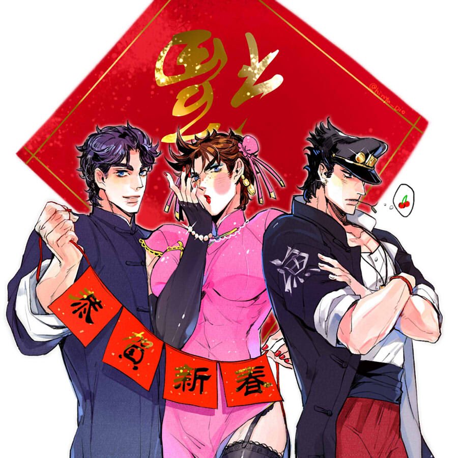 3boys battle_tendency black_thighhighs blue_hair breast_padding brown_hair china_dress chinese_clothes chinese_new_year crossdressing crossed_arms dress garter_straps green_eyes hair_ornament hat hatoyama_itsuru jojo_no_kimyou_na_bouken jonathan_joestar joseph_joestar joseph_joestar_(tequila) kujo_jotaro lace-trimmed_thighhighs lipstick makeup male_focus multiple_boys phantom_blood pink_dress side_slit stardust_crusaders tangzhuang thigh-highs