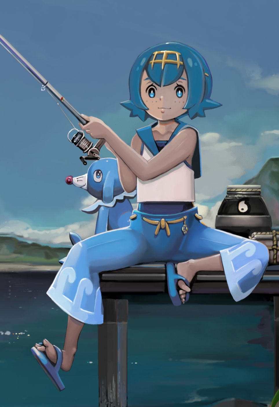 1girl alice_(aries) blue_eyes blue_hair blue_pants blue_sailor_collar bright_pupils clouds day fishing fishing_rod flip-flops food freckles highres holding holding_fishing_rod lana_(pokemon) no_sclera one-piece_swimsuit outdoors pants pokemon pokemon_(anime) pokemon_(creature) pokemon_sm_(anime) popplio sailor_collar sandals shirt short_hair sitting sky sleeveless sleeveless_shirt swimsuit swimsuit_under_clothes wave_print white_pupils white_shirt
