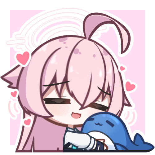 1girl ahoge aqua_necktie blue_archive chibi closed_eyes commentary_request hair_between_eyes halo heart hoshino_(blue_archive) long_hair long_sleeves lowres momori_sensei necktie object_hug open_mouth pink_background pink_hair shirt solo stuffed_animal stuffed_toy upper_body whale white_shirt