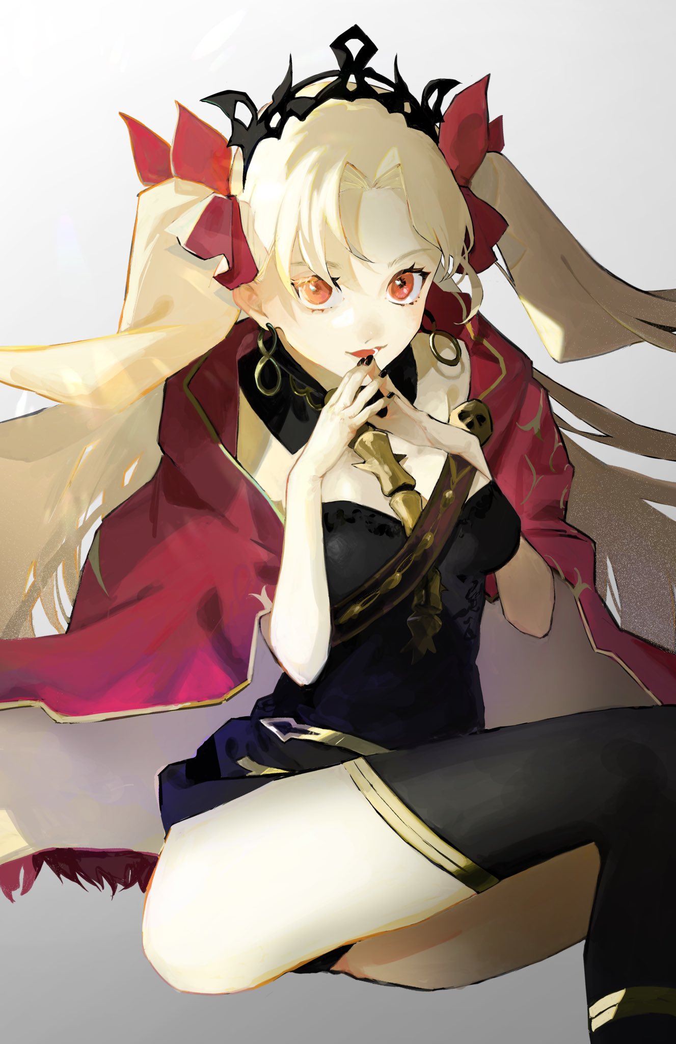 1girl black_leotard black_nails black_thighhighs black_tiara blonde_hair breasts cape chest_belt cowboy_shot detached_collar earrings ereshkigal_(fate) fate/grand_order fate_(series) gold_earrings gold_trim gradient_background hair_ribbon highres hoop_earrings jewelry leotard light_smile lips looking_at_viewer multicolored_cape multicolored_clothes own_hands_together panties panty_peek parted_bangs red_cape red_eyes red_ribbon ribbon shadow sitting small_breasts solo thigh-highs tiara twintails typtypss underwear watercolor_effect white_background