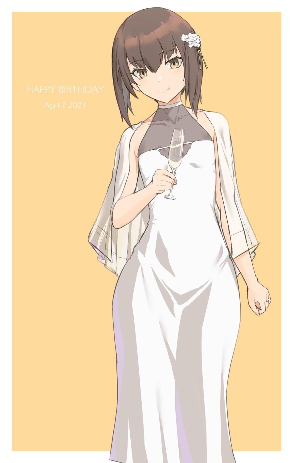 1girl alternate_costume bob_cut brown_eyes brown_hair champagne_flute cup detached_sleeves dress drinking_glass feet_out_of_frame flat_chest highres inverted_bob kantai_collection short_hair short_hair_with_long_locks smile solo taihou_(kancolle) tsukira_(amayadori) turtleneck white_dress