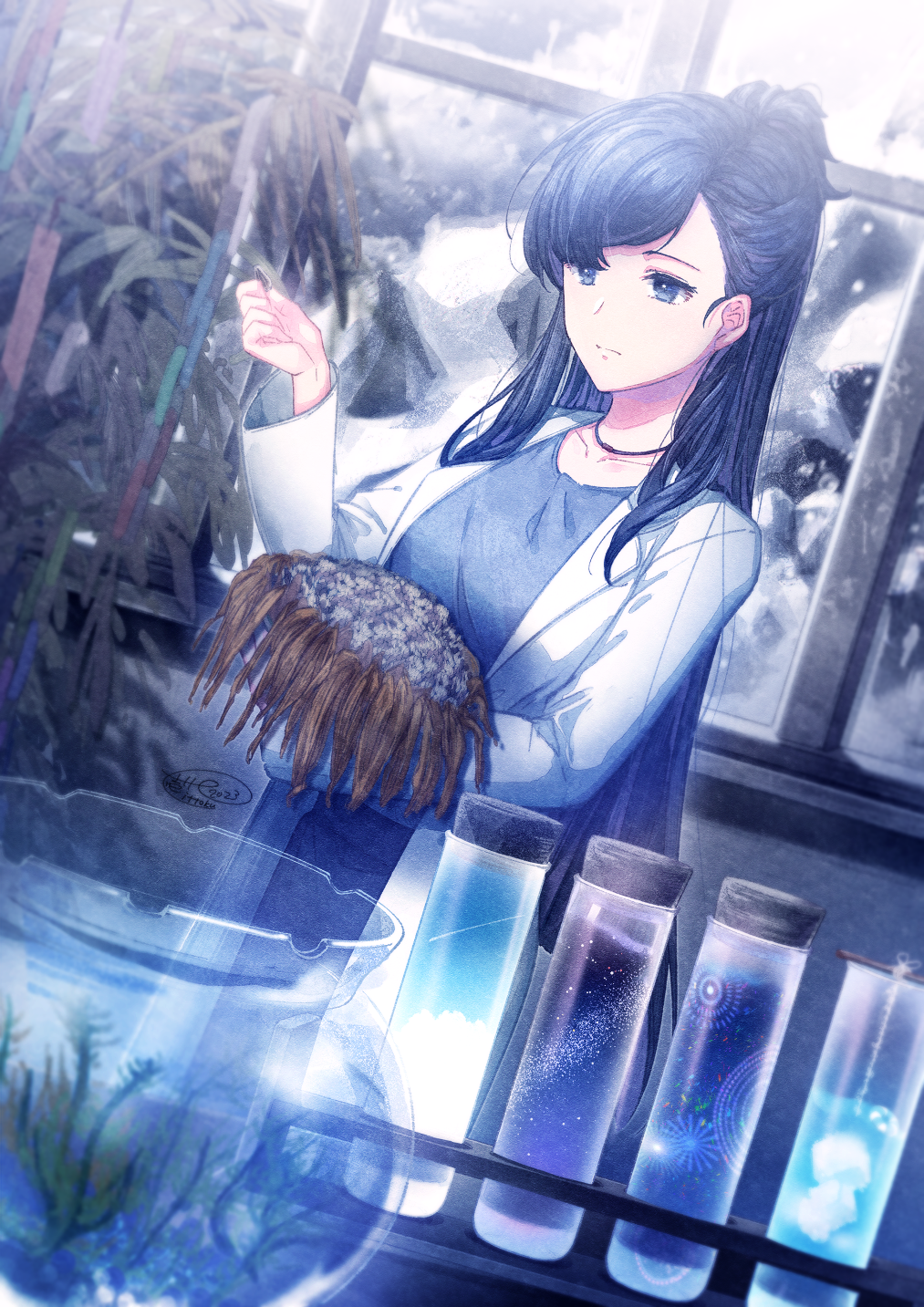 1girl bamboo black_hair blue_eyes blue_shirt breasts closed_mouth collarbone commentary_request flower hand_up highres indoors ittokyu labcoat long_hair open_clothes original seed shirt small_breasts solo sunflower sunflower_seed tanabata tanzaku very_long_hair vial wilted_flower window