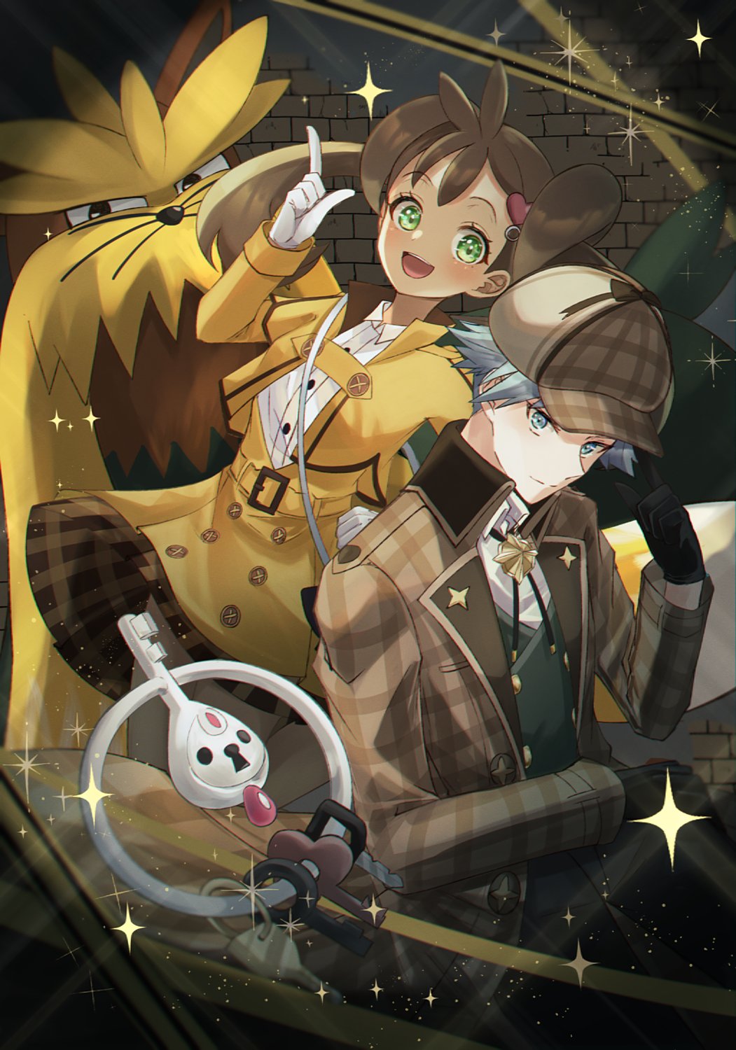 1boy 1girl :d alternate_color black_ribbon blush brown_hair buttons closed_mouth collared_shirt commentary_request eyelashes gloves green_eyes green_vest hand_on_own_hip hand_up hat highres index_finger_raised jacket klefki long_hair long_sleeves neck_ribbon official_alternate_costume open_mouth pokemon pokemon_(creature) pokemon_(game) pokemon_masters_ex ribbon shauna_(pokemon) shauna_(special_costume)_(pokemon) shiny_pokemon shirt skirt smile sparkle ssn_(sasa8u9r) steven_stone steven_stone_(special_costume) stoutland twintails vest white_gloves white_shirt yellow_jacket yellow_skirt