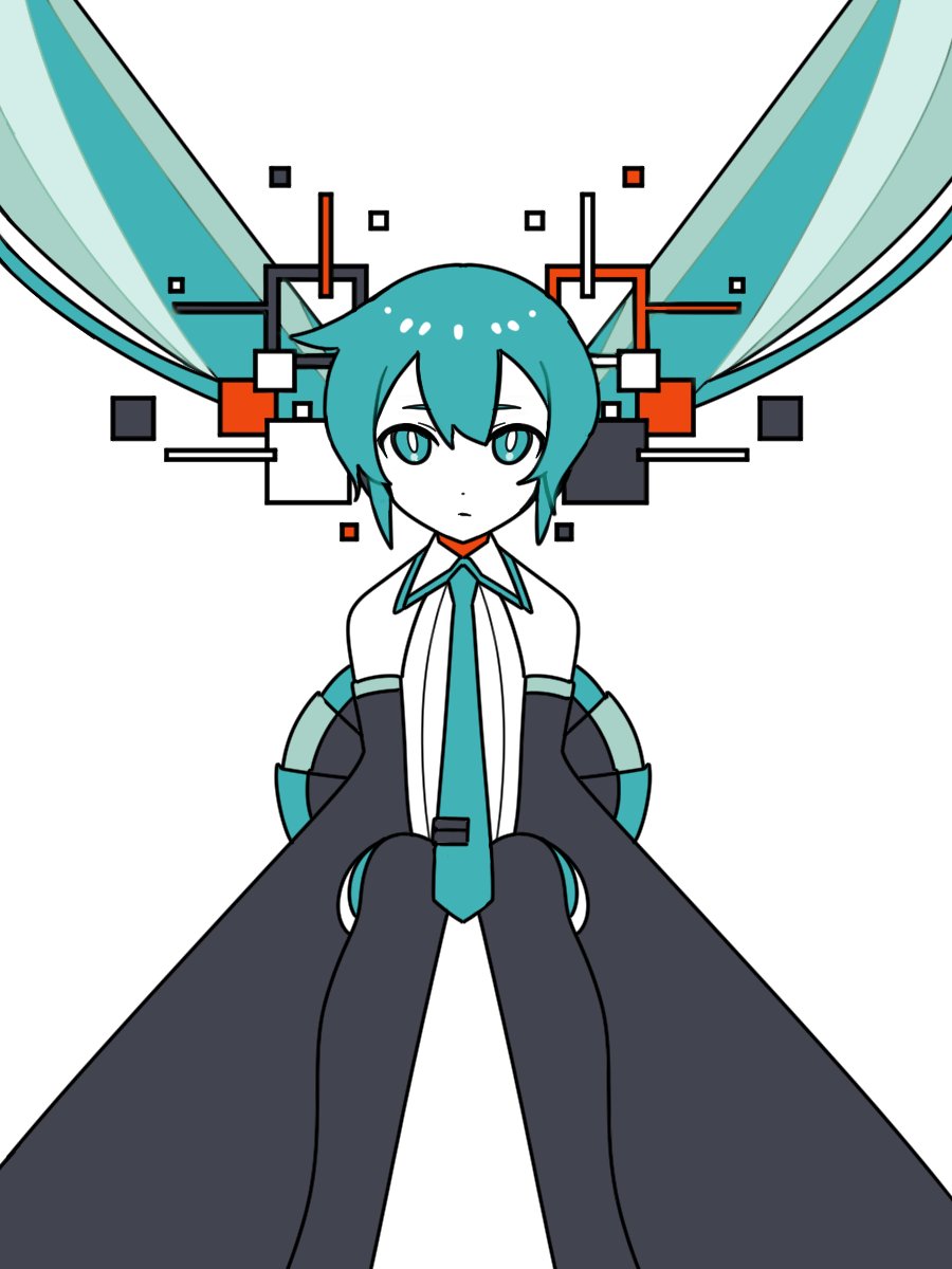 1girl aqua_eyes aqua_hair aqua_necktie bare_shoulders black_skirt black_sleeves black_thighhighs closed_mouth collared_shirt colored_skin commentary detached_sleeves feet_out_of_frame floating_hair hair_ornament hatsune_miku highres long_hair long_sleeves looking_at_viewer machigami_yoh necktie pleated_skirt shirt simple_background sitting skirt sleeveless sleeveless_shirt sleeves_past_fingers sleeves_past_wrists solo straight-on symmetry thigh-highs twintails very_long_sleeves vocaloid white_background white_shirt white_skin
