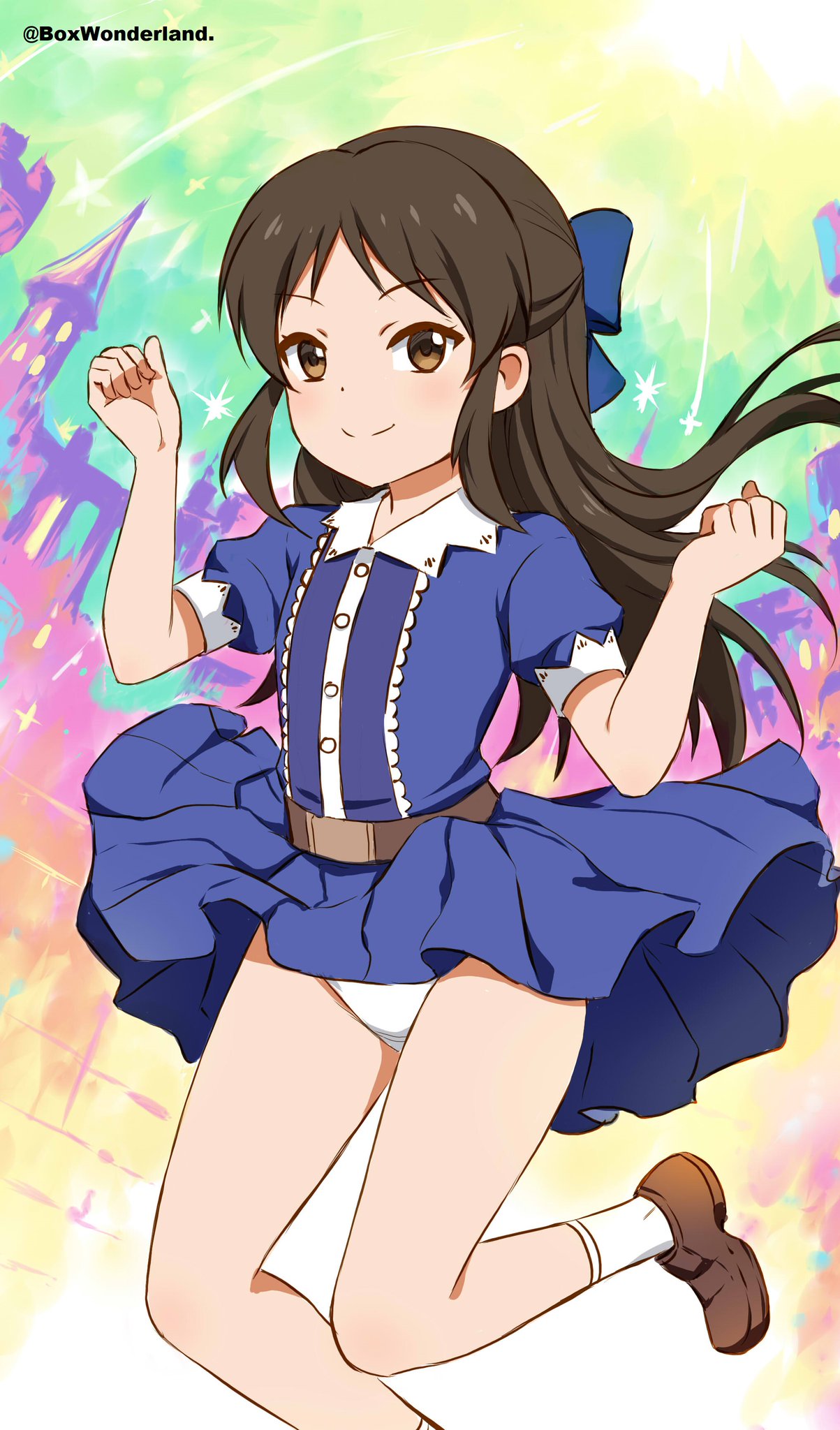 1girl belt blue_bow blue_dress bow box_wonderland brown_belt brown_eyes brown_footwear brown_hair buttons castle clenched_hands clothes_lift collar commentary dot_nose dress dress_lift female_child flat_chest hair_bow hands_up highres idolmaster idolmaster_cinderella_girls idolmaster_cinderella_girls_u149 jumping legs long_hair looking_at_viewer panties pantyshot puffy_short_sleeves puffy_sleeves shoes short_sleeves sidelocks smile socks solo sparkle star_(symbol) tachibana_arisu thighs underwear white_collar white_panties white_socks