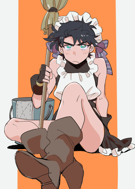 1boy alternate_costume apron battle_tendency black_hair boots broom bucket crossdressing enmaided fingerless_gloves gloves green_eyes hat hat_ribbon jojo_no_kimyou_na_bouken joseph_joestar joseph_joestar_(young) kirikabu-yume maid maid_apron maid_headdress male_focus no_pants pout ribbon sittingboots solo striped striped_ribbon