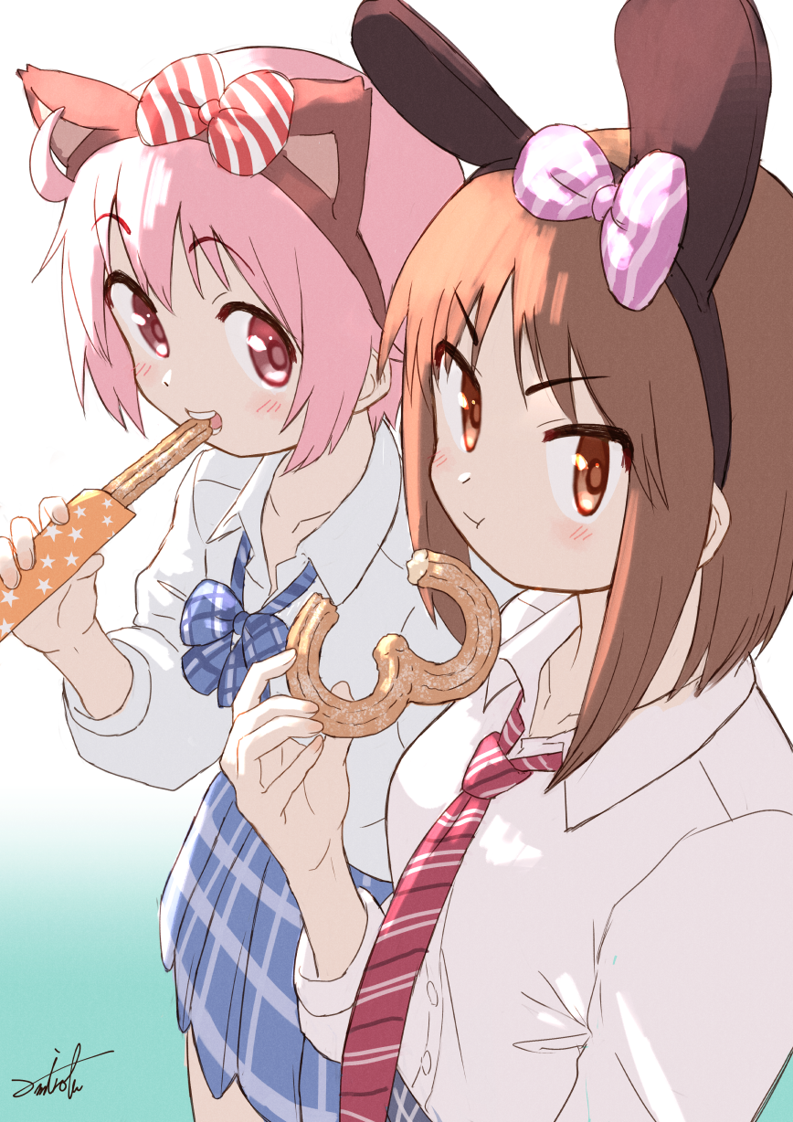 2girls :t animal_ears black_hairband blue_background blue_skirt bow breasts brown_eyes brown_hair closed_mouth collarbone collared_shirt commentary_request diagonal-striped_bow diagonal-striped_necktie dress_shirt eating food gradient_background hairband highres holding holding_food long_sleeves looking_at_viewer multiple_girls necktie nonohara_yuzuko okano_kei pink_hair plaid plaid_bow plaid_skirt pleated_skirt pretzel purple_bow rabbit_ears red_eyes red_necktie shirt signature skirt small_breasts star_(symbol) umiroku v-shaped_eyebrows white_background white_shirt yuyushiki
