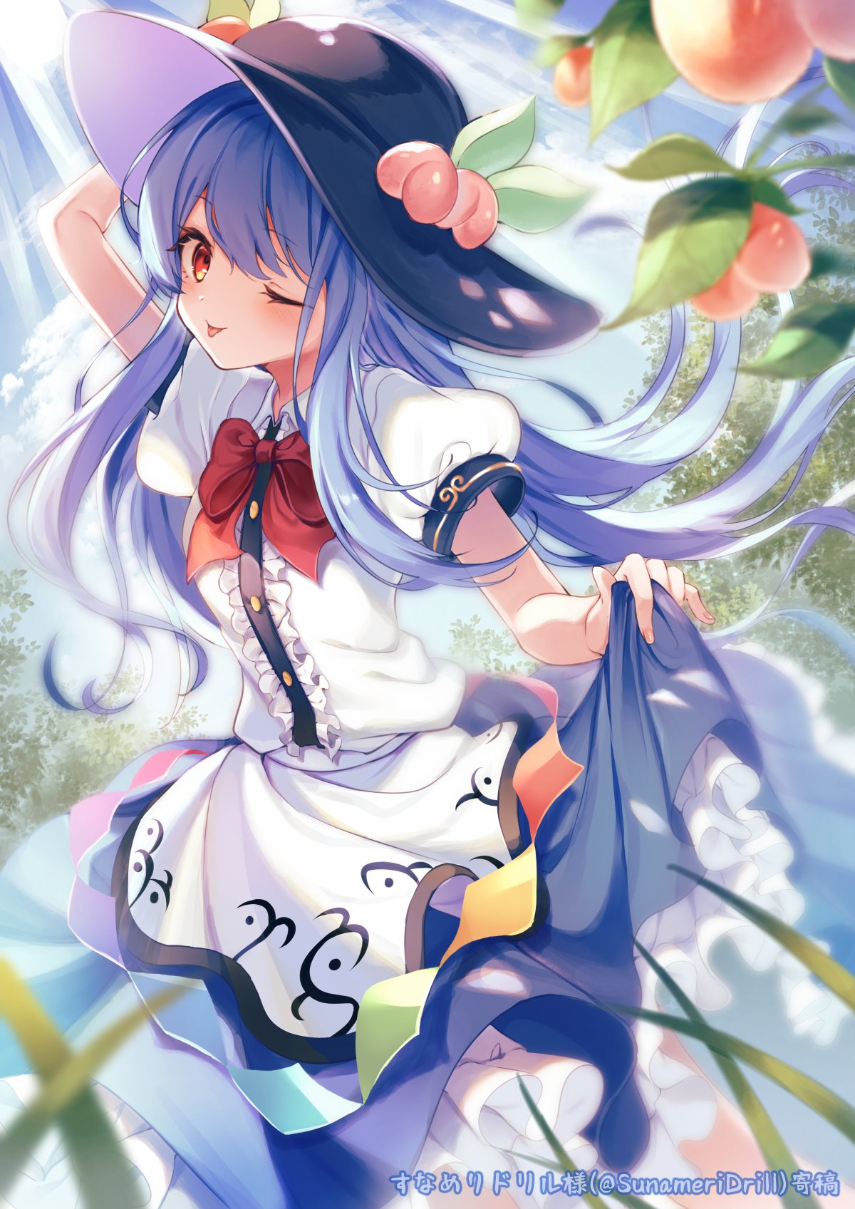 1girl black_headwear blue_hair blue_skirt blush buttons center_frills closed_mouth collared_shirt food frills fruit fruit_hat_ornament hair_between_eyes hat hat_ornament highres hinanawi_tenshi long_hair one_eye_closed peach peach_hat_ornament puffy_short_sleeves puffy_sleeves rainbow_order red_eyes sekisei_(superego51) shirt short_sleeves skirt solo tongue tongue_out touhou white_shirt