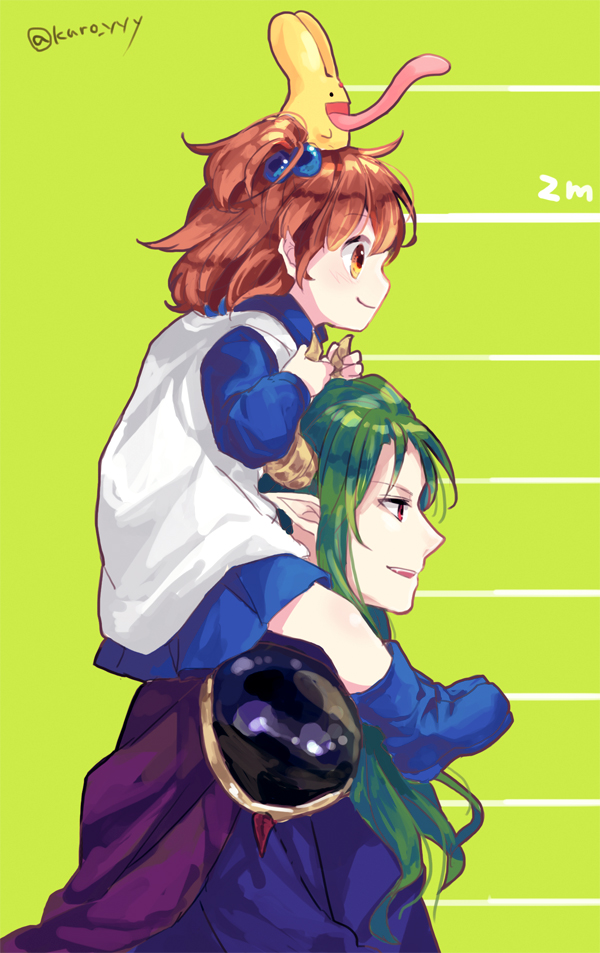 1boy 1girl aged_down arle_nadja artist_name blue_dress brown_hair cape carbuncle_(puyopuyo) carrying carrying_person child creature creature_on_head demon_boy demon_horns dress fang female_child from_side green_background green_hair hair_bobbles hair_ornament height_chart horn_grab horns kuroda_(kuro_yyy) long_hair long_sleeves long_tongue medium_hair open_mouth orange_eyes pointy_ears purple_cape puyopuyo red_eyes satan_(puyopuyo) shoulder_carry sidelocks simple_background smile tongue twitter_username very_long_tongue