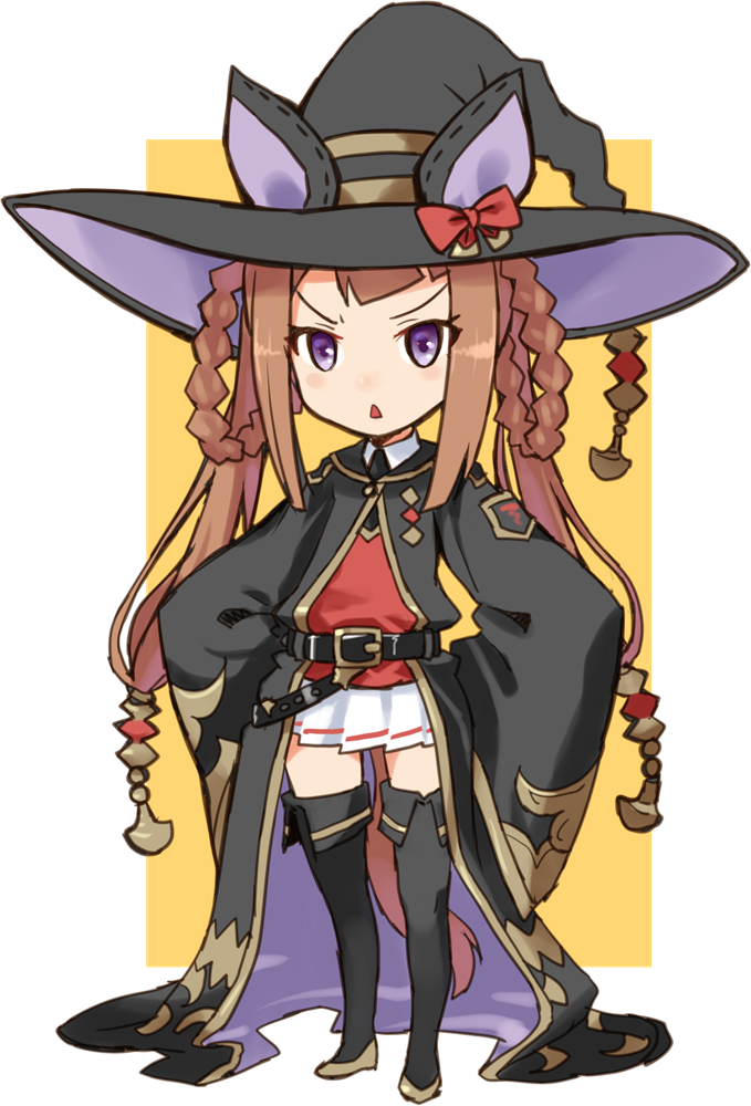 1girl :&lt; angry animal_ears belt black_belt black_cape black_footwear boots border brown_hair buckle cape ear_covers full_body hair_rings hat horse_ears katahira_masashi long_hair long_sleeves looking_at_viewer pleated_skirt red_shirt shirt skirt sleeves_past_wrists solo standing sweep_tosho_(umamusume) thigh_boots triangle_mouth umamusume violet_eyes white_border white_skirt witch_hat yellow_background