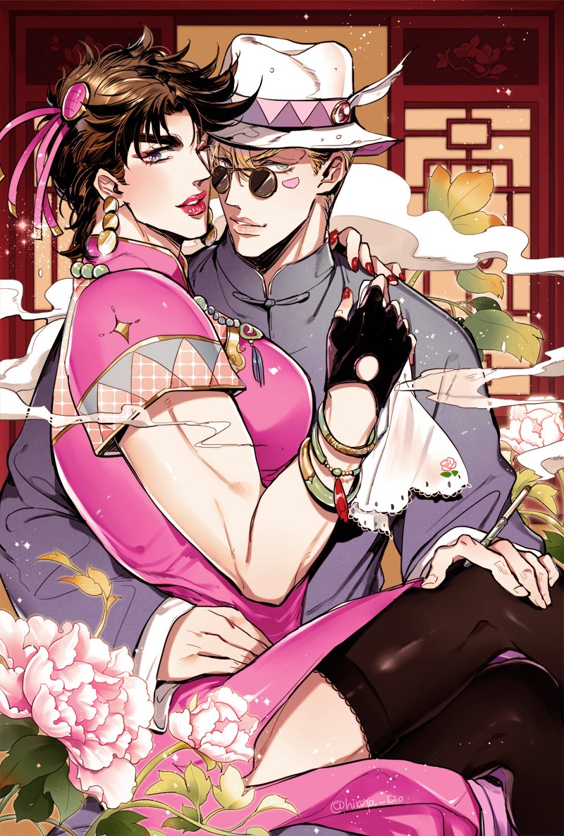 2boys battle_tendency black_thighhighs blonde_hair blue_eyes breast_padding brown_hair caesar_anthonio_zeppeli china_dress chinese_clothes cigarette crossdressing dress facial_mark fingerless_gloves gloves hair_ornament hat_feather hat_ornament hatoyama_itsuru holding holding_cigarette jojo_no_kimyou_na_bouken joseph_joestar joseph_joestar_(tequila) joseph_joestar_(young) lace-trimmed_thighhighs lipstick makeup male_focus multiple_boys napkin one_eye_closed pelvic_curtain red_nails round_eyewear side_slit sitting sitting_on_lap sitting_on_person sunglasses tangzhuang thigh-highs
