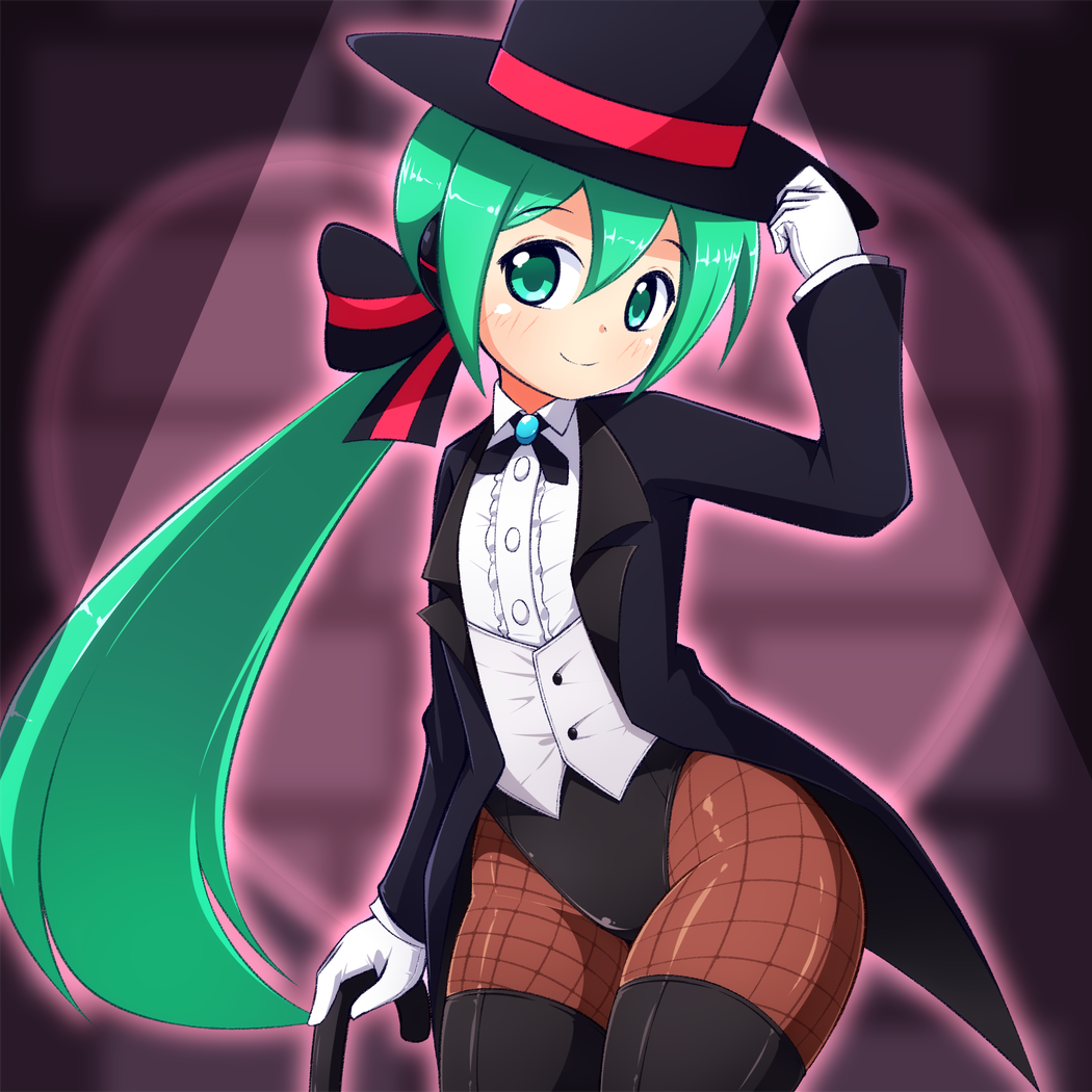 1girl a-ktoo alternate_hairstyle aqua_eyes aqua_hair black_thighhighs bow cane fishnet_pantyhose fishnets gloves hair_between_eyes hat hat_tip hatsune_miku leotard light_blush magician pantyhose ponytail smile solo spotlight striped striped_bow tailcoat thigh-highs top_hat vocaloid white_gloves