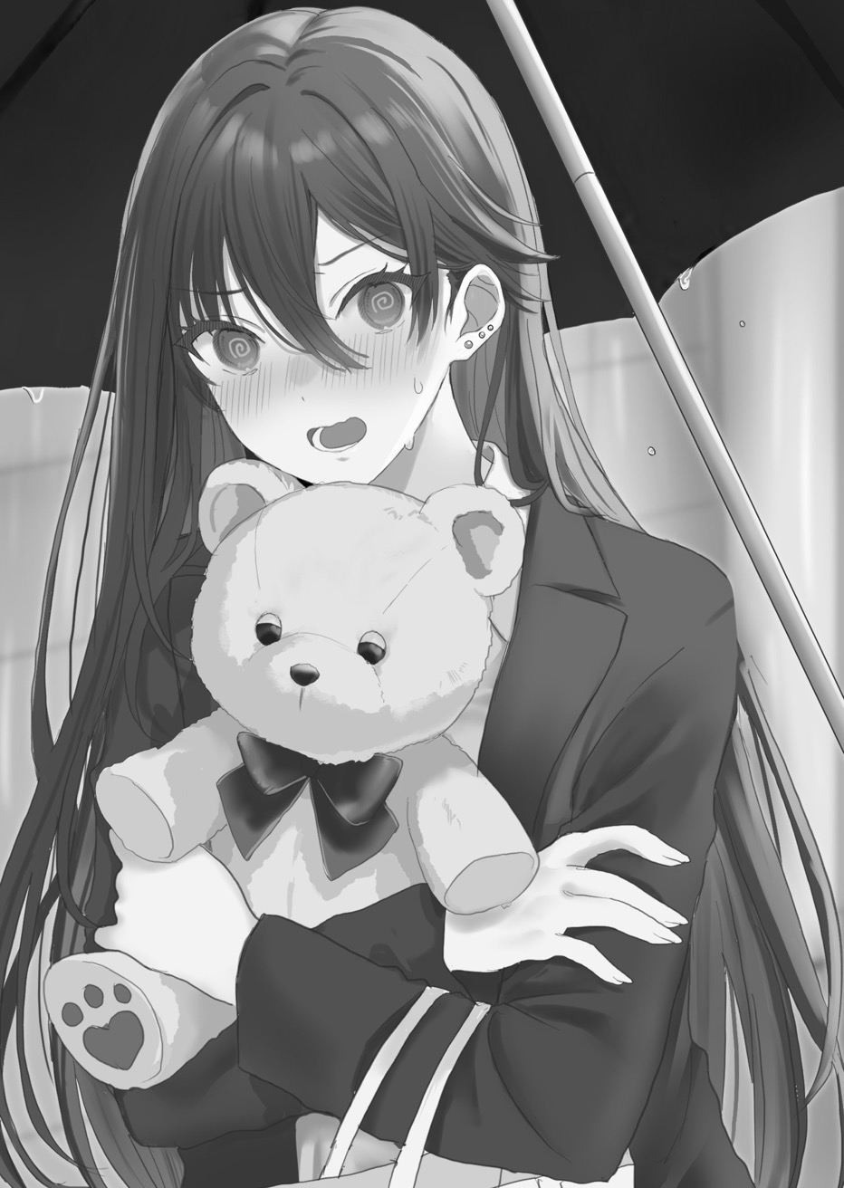 1girl @_@ bag blazer blurry blurry_background blush bow collared_shirt commentary_request depth_of_field ear_piercing earrings greyscale hair_between_eyes hamu_(plot_sy) highres jacket jewelry long_hair looking_at_viewer monochrome nose_blush object_hug open_mouth original outdoors paper_bag piercing rain school_uniform shirt solo stud_earrings stuffed_animal stuffed_toy sweat teddy_bear umbrella upper_body very_long_hair