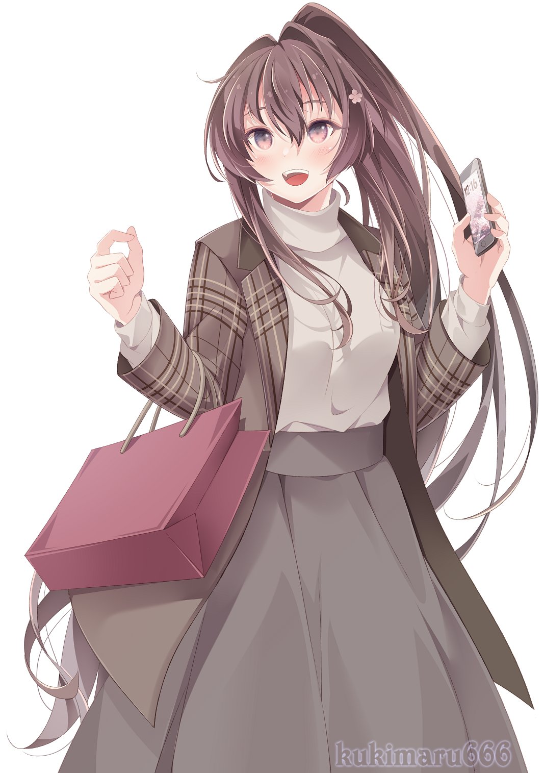 1girl bag brown_coat brown_eyes brown_hair cellphone closed_eyes coat commentary_request feet_out_of_frame highres kantai_collection kukimaru open_mouth phone plaid_coat shopping_bag smartphone smile solo sweater teeth translation_request upper_teeth_only white_sweater yamato_(kancolle)
