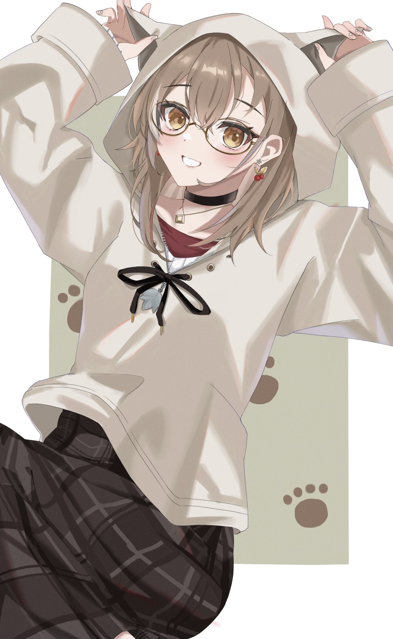 1girl animal_ears berry black_choker brown_eyes brown_hair brown_hoodie brown_skirt choker earrings ears_through_headwear glasses grin highres holding_ears hololive hololive_english hood hood_up hoodie jewelry long_hair long_skirt looking_at_viewer multicolored_hair nail_art nanashi_mumei necklace official_alternate_costume oversized_clothes paw_print plaid plaid_skirt red_shirt round_eyewear shirt simple_background skirt sleeves_past_wrists smile streaked_hair sweater virtual_youtuber white_sweater ybpac18