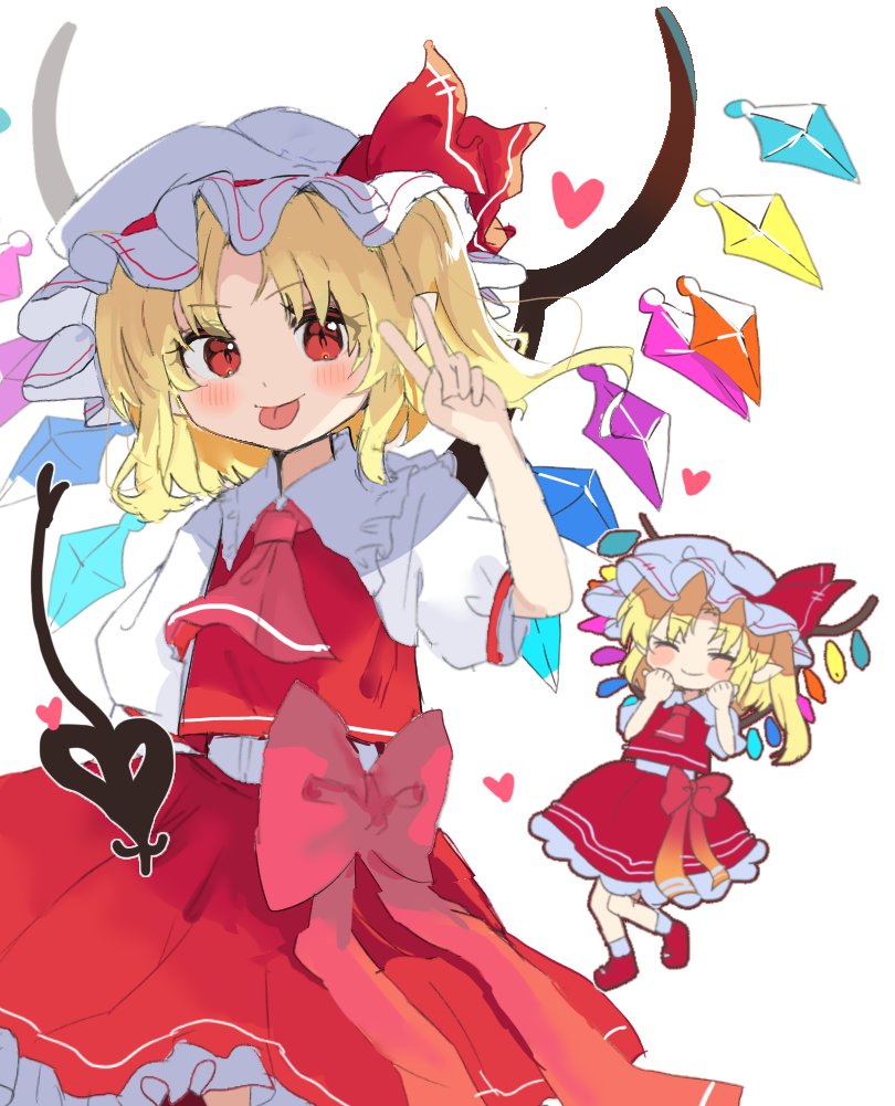1girl :p ascot blonde_hair blush blush_stickers bow crystal flandre_scarlet flat_chest full_body hand_up hat heart laevatein_(touhou) medium_hair mob_cap multiple_views one_side_up puffy_sleeves ramochi red_bow red_eyes red_skirt red_vest short_sleeves simple_background skirt smile tongue tongue_out touhou v vest white_background white_headwear wings