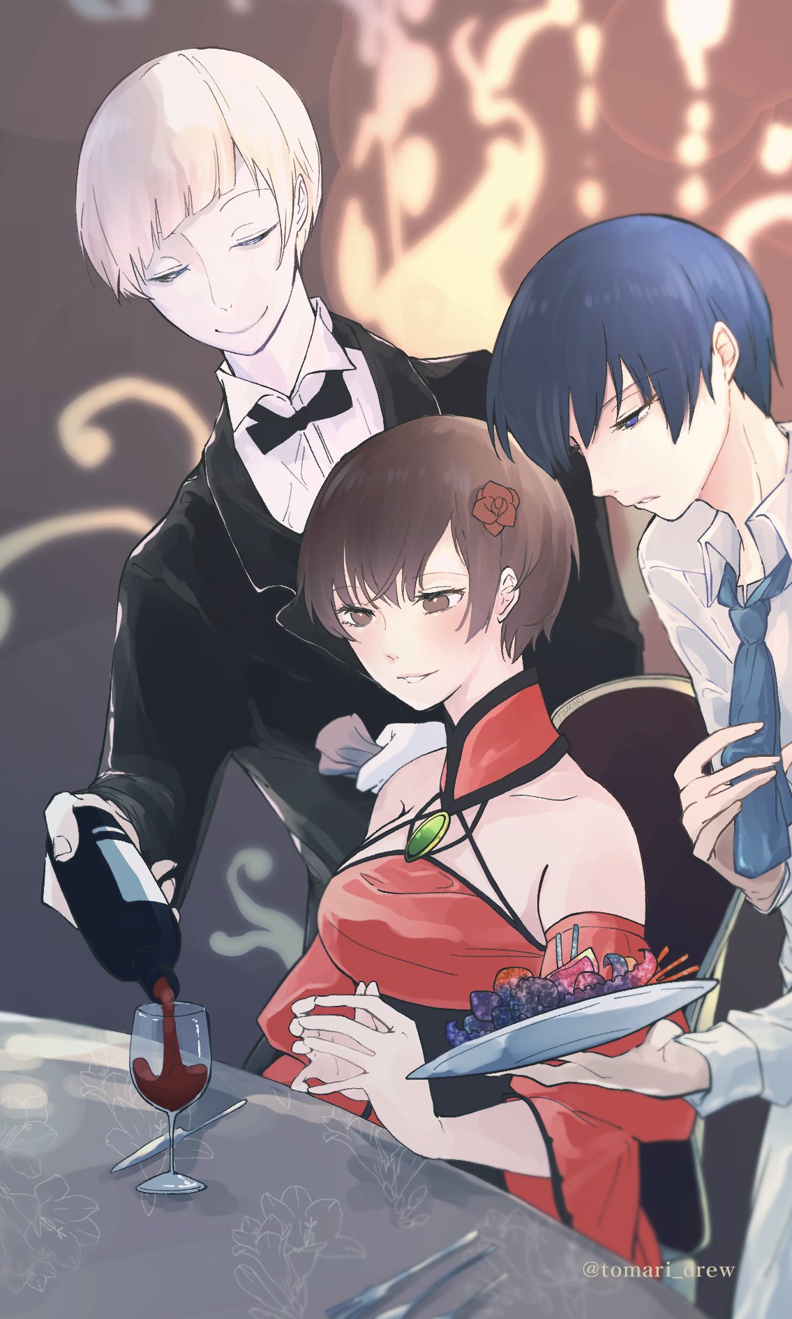 1girl 2boys akujiki_musume_conchita_(vocaloid) alcohol ascot banica_conchita bare_shoulders black_bow black_bowtie black_suit blue_ascot blue_eyes blue_hair blunt_bangs bottle bow bowtie breasts brooch brown_eyes brown_hair butler carlos_marlon chef choker collarbone commentary corset cup cutlery detached_collar detached_sleeves dress drinking_glass eager evillious_nendaiki flower fork formal highres holding holding_plate jewelry kaito_(vocaloid) knife large_breasts lich_arklow meiko_(vocaloid) multiple_boys narrow_waist open_collar pale_skin parted_lips plate pouring red_choker red_dress red_flower red_rose rose short_hair smile suit tomari_drew tuxedo vocaloid white_hair wide_sleeves wine wine_bottle wine_glass