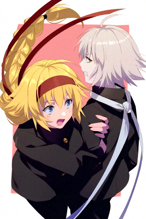 2girls ahoge alternate_costume black_jacket black_pants blonde_hair blue_eyes blush braid braided_ponytail buttons commentary_request echo_(circa) fate/grand_order fate_(series) gakuran grey_hair headband holding_another's_arm jacket jeanne_d'arc_(fate) jeanne_d'arc_alter_(fate) long_hair looking_at_another multiple_girls open_mouth pants red_headband school_uniform short_hair smile teeth twitter_username uniform very_long_hair yellow_eyes
