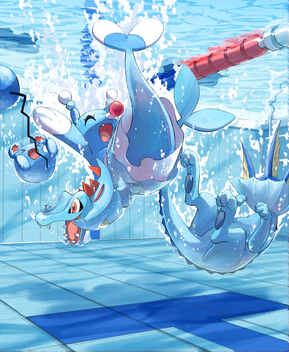 &gt;_&lt; :d ^_^ brionne closed_eyes commentary_request eyelashes fangs happy highres marill mukiguri no_humans open_mouth pokemon pokemon_(creature) pool smile tile_floor tile_wall tiles tongue totodile underwater vaporeon