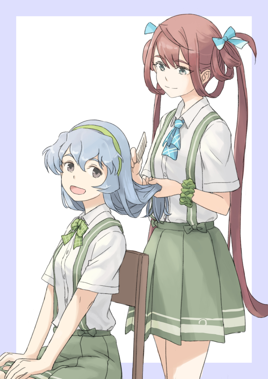 :d asagumo_(kancolle) blue_ribbon border bow bowtie brown_eyes brown_hair brushing_hair cowboy_shot from_side green_bow green_bowtie green_hairband green_scrunchie grey_eyes grey_hair grey_skirt hair_between_eyes hair_ribbon hairband highres kantai_collection long_hair looking_at_another looking_at_viewer pleated_skirt purple_border ribbon school_uniform scrunchie shirt short_sleeves simple_background skirt smile suspenders taruya wavy_hair white_background white_shirt wrist_scrunchie yamagumo_(kancolle)