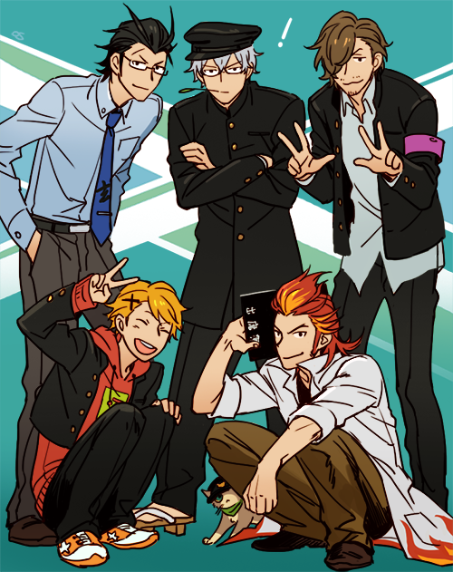 5boys akai_suzaku black_hair blonde_hair brown_hair cat double_v gakuran glasses hair_ornament hairclip hazama_michio idolmaster idolmaster_side-m iwa_(iwa000ima) kurono_genbu maita_rui male_focus multiple_boys necktie nyako_(idolmaster) official_alternate_costume redhead role_reversal s.e.m_(idolmaster) scar school_uniform shinsoku_ikkon_(idolmaster) squatting teacher_and_student v yamashita_jiro