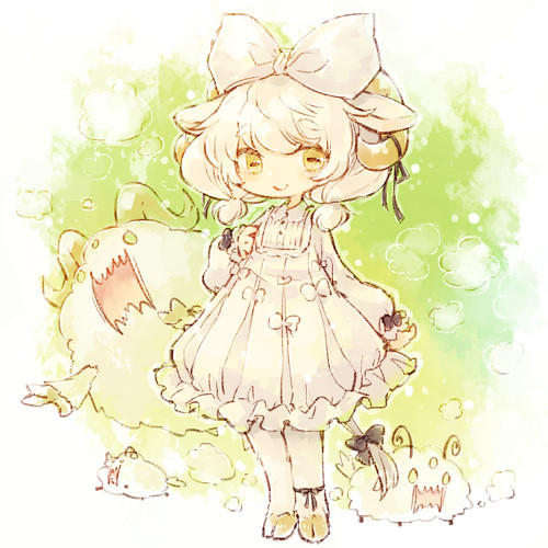 1girl animal_ears animal_feet black_bow black_ribbon bow buttons chibi closed_mouth commentary_request dated_commentary dress frilled_dress frilled_sleeves frills full_body green_background hair_bow hand_up horizontal_pupils horn_ornament horn_ribbon horns leg_ribbon light_blush long_sleeves looking_at_viewer low_twintails lowres medium_hair original puffy_long_sleeves puffy_sleeves rakuni ribbon sheep sheep_ears sheep_girl sheep_horns smile solo standing twintails white_bow white_dress white_fur white_hair yellow_eyes