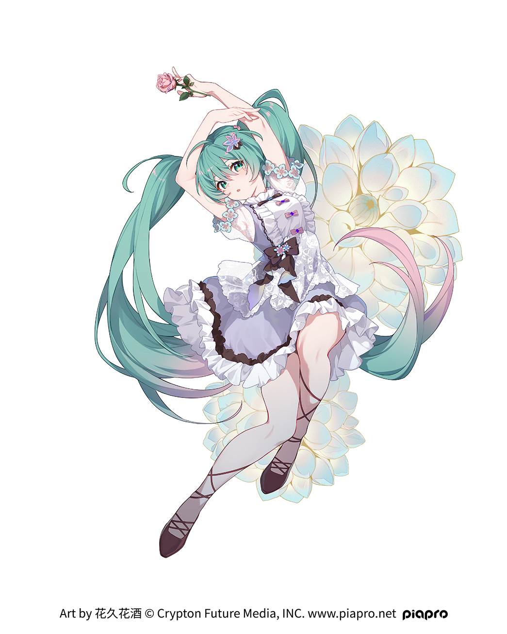 1girl aqua_eyes aqua_hair arms_up artist_name blush chinese_commentary company_name crypton_future_media dress flower frilled_dress frills full_body gradient_hair hair_between_eyes hair_flower hair_ornament hatsune_miku highres holding holding_flower long_hair multicolored_hair official_art parted_lips piapro pink_flower pink_hair simple_background solo sylvia_(huajiuhuajiu) twintails vocaloid web_address white_background white_flower