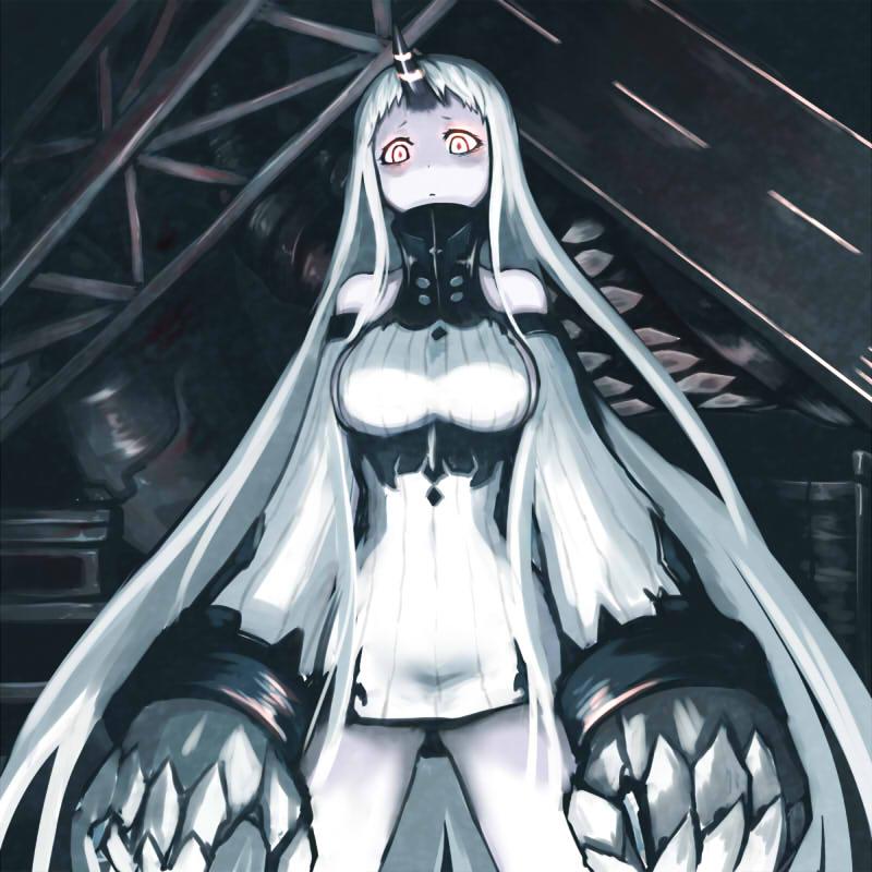 1girl abyssal_ship bare_shoulders breasts claws colored_skin daitai detached_sleeves dress glowing glowing_eyes horns kantai_collection large_breasts long_hair pale_skin red_eyes ribbed_dress ribbed_sweater seaport_princess single_horn solo sweater sweater_dress very_long_hair white_hair white_skin