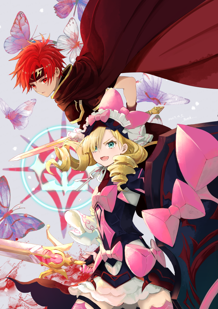 1boy 1girl armor blonde_hair bug butterfly cape dated drill_hair fire_emblem fire_emblem:_the_binding_blade fire_emblem_engage green_eyes hair_over_one_eye headband holding holding_shield holding_sword holding_weapon looking_at_viewer marni_(fire_emblem) medium_hair open_mouth red_eyes redhead roy_(fire_emblem) shield shoochiku_bai short_hair shoulder_armor skirt sword twin_drills weapon white_skirt
