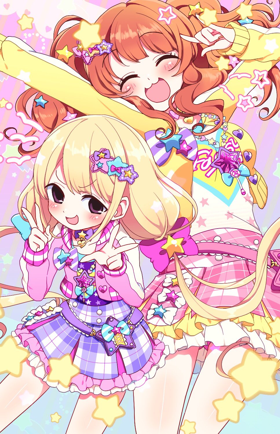 2girls :3 \m/ ^_^ arms_up blonde_hair blue_skirt blush brown_eyes brown_hair closed_eyes collarbone double_v frilled_skirt frills futaba_anzu hair_ornament hair_ribbon hands_up highres idolmaster idolmaster_cinderella_girls idolmaster_cinderella_girls_starlight_stage jacket jewelry long_hair long_sleeves looking_at_viewer low_twintails marueri moroboshi_kirari multicolored_background multiple_girls neck_ribbon necklace open_clothes open_jacket open_mouth pink_jacket pink_ribbon pink_skirt plaid plaid_skirt purple_ribbon purple_shirt ribbon shirt skirt smile standing star_(symbol) star_hair_ornament star_necklace star_print striped striped_ribbon twintails v v-shaped_eyebrows very_long_hair white_shirt yellow_jacket