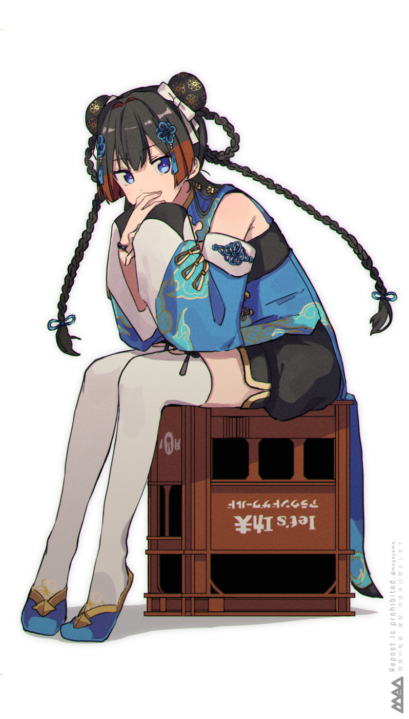 1girl black_hair blue_dress blue_eyes blue_footwear blue_ribbon blue_sleeves bow braid chinese_clothes cloud_print covering_mouth crate detached_sleeves double_bun dress floral_print full_body hair_bun hair_ribbon hand_over_own_mouth highres long_hair looking_at_viewer mogayama multicolored_hair nijisanji official_alternate_costume redhead ribbon shoes sitting solo thigh-highs tsukino_mito twin_braids twintails very_long_hair virtual_youtuber white_bow white_thighhighs wide_sleeves