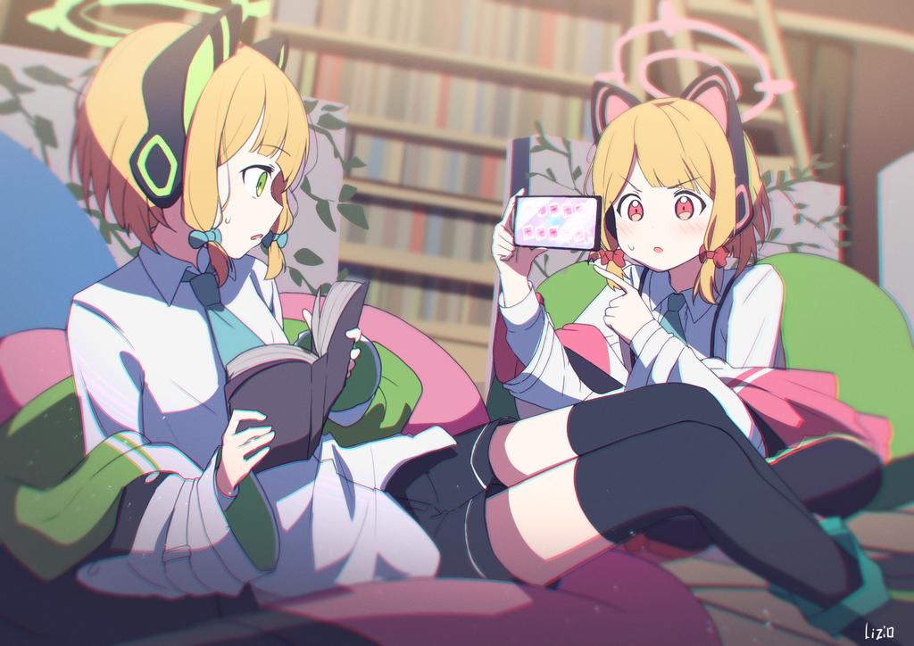 2girls animal_ear_headphones animal_ears aqua_bow aqua_necktie artist_name bean_bag_chair black_footwear black_shorts black_thighhighs blonde_hair blue_archive blurry blurry_background book bookshelf boots bow cat_ear_headphones cellphone collared_shirt english_commentary fake_animal_ears green_eyes hair_bow halo headphones holding holding_book holding_phone indoors ladder library liyom long_sleeves looking_at_another meta midori_(blue_archive) momoi_(blue_archive) multiple_girls necktie off_shoulder open_book open_mouth phone pink_eyes pointing red_bow shirt shorts siblings signature sisters smartphone stepladder sweatdrop thigh-highs twins white_shirt wide_sleeves