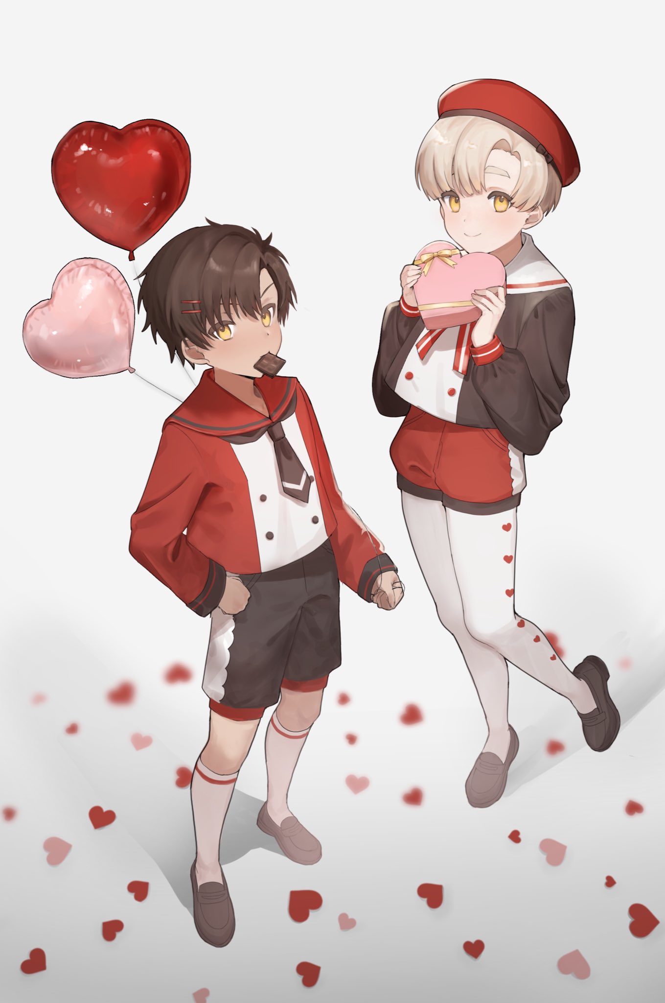 2boys ag_(ag_nkfg) balloon blonde_hair blush box brown_hair child chocolate hair_ornament hairclip hand_on_own_hip hat heart heart-shaped_box heart_balloon highres holding long_sleeves looking_at_viewer male_child male_focus mouth_hold multiple_boys orange_eyes original panties pantyhose red_headwear red_sailor_collar red_shorts sailor_collar shoes shorts simple_background smile socks standing underwear valentine white_panties white_sailor_collar