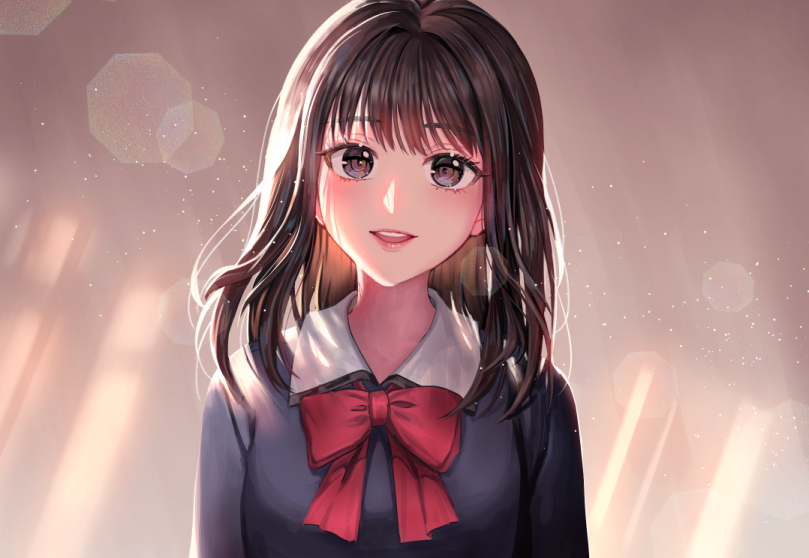 1girl 4b akagi_haruko black_shirt bow brown_eyes brown_hair collared_shirt commentary_request long_hair looking_at_viewer parted_lips red_bow shirt slam_dunk_(series) smile solo teeth upper_body upper_teeth_only