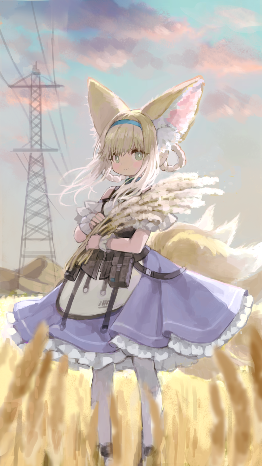 1girl animal_ear_fluff animal_ears arknights bare_shoulders black_footwear blonde_hair blue_hairband braid closed_mouth clothing_cutout collar commentary_request dress fox_ears fox_girl fox_tail full_body green_eyes hairband highres holding infection_monitor_(arknights) kitsune kkaebing kyuubi large_ears looking_at_viewer medium_dress multicolored_hair multiple_tails outdoors pantyhose purple_dress short_hair shoulder_cutout solo suzuran_(arknights) tail transmission_tower two-tone_hair wheat_field white_hair white_pantyhose