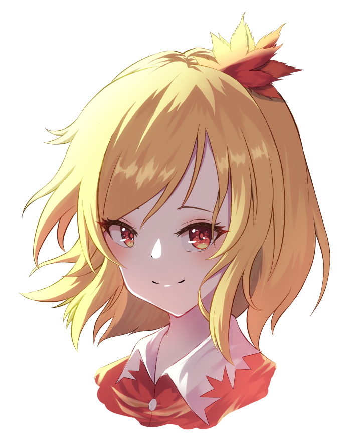 1girl aki_shizuha blonde_hair closed_mouth commentary fall_(5754478) hair_ornament leaf_hair_ornament looking_at_viewer portrait red_eyes short_hair simple_background smile solo touhou white_background