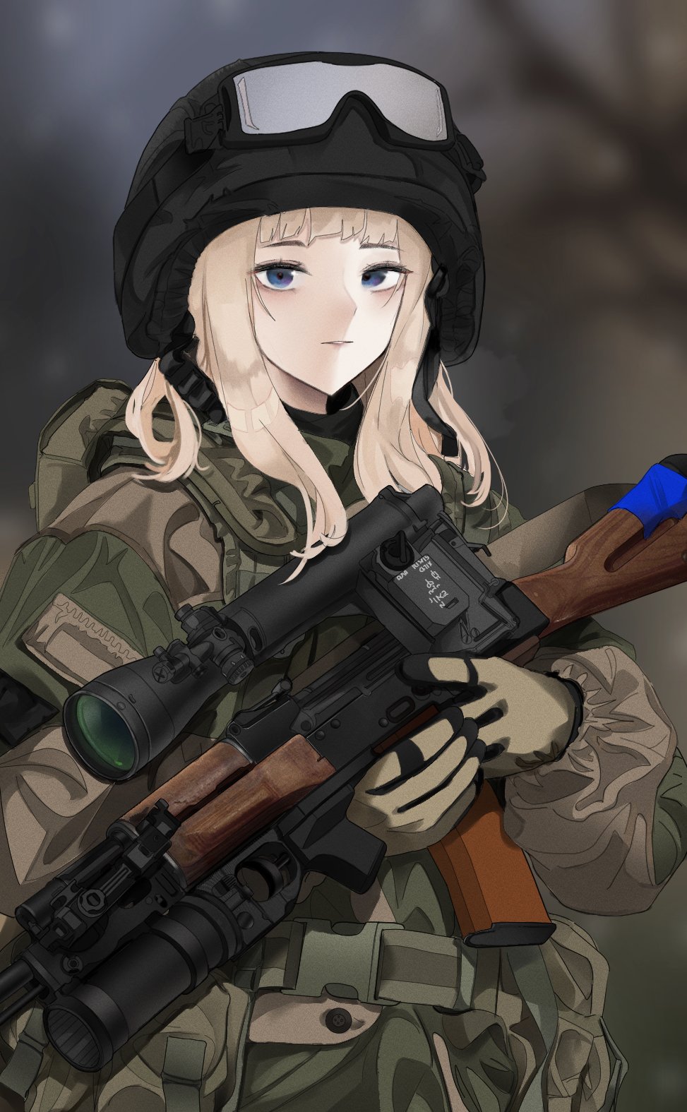 1girl ak-74 black_headwear blonde_hair blue_eyes blurry blurry_background brown_gloves brown_jacket commentary depth_of_field english_commentary gloves goggles goggles_on_headwear gun helmet highres holding holding_gun holding_weapon jacket long_hair long_sleeves looking_at_viewer original parted_lips puffy_long_sleeves puffy_sleeves pz-15 scope solo upper_body weapon