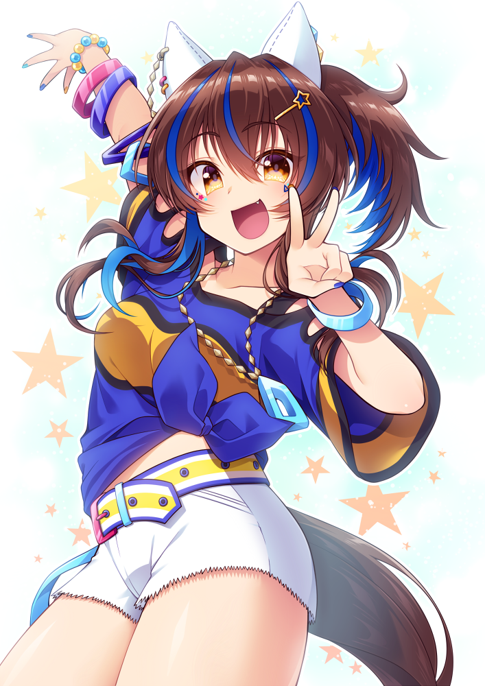 1girl animal_ears arm_up belt black_hair breasts collarbone daitaku_helios_(umamusume) fang fingernails hair_between_eyes hair_ornament hairclip horse_ears horse_tail jewelry looking_at_viewer medium_breasts multicolored_hair necklace open_mouth shisui_suzuka simple_background star_(symbol) streaked_hair tail two-tone_hair umamusume v white_background yellow_eyes