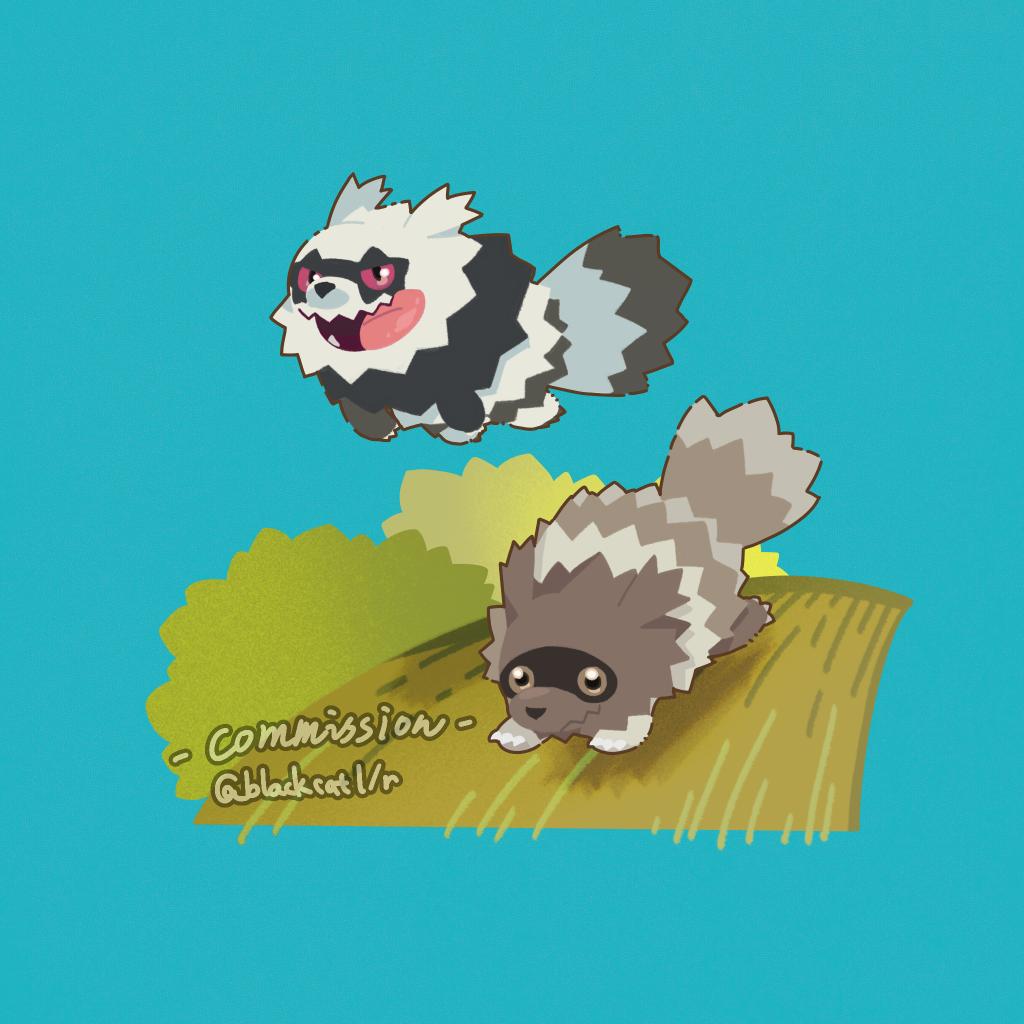 blackcatlandr brown_eyes commission fang galarian_zigzagoon open_mouth pokemon pokemon_(creature) running tongue tongue_out twitter_username violet_eyes watermark wavy_mouth zigzagoon