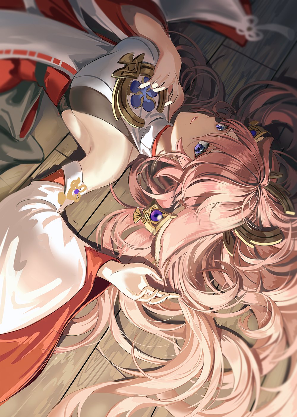 1girl arm_up armpits bare_shoulders breasts detached_sleeves dress gem genshin_impact hair_between_eyes hand_on_own_chest highres japanese_clothes large_breasts long_hair long_sleeves looking_at_viewer lying miko pink_hair red_dress sidelocks silence_girl smile solo very_long_hair violet_eyes vision_(genshin_impact) white_dress wide_sleeves wooden_floor yae_miko