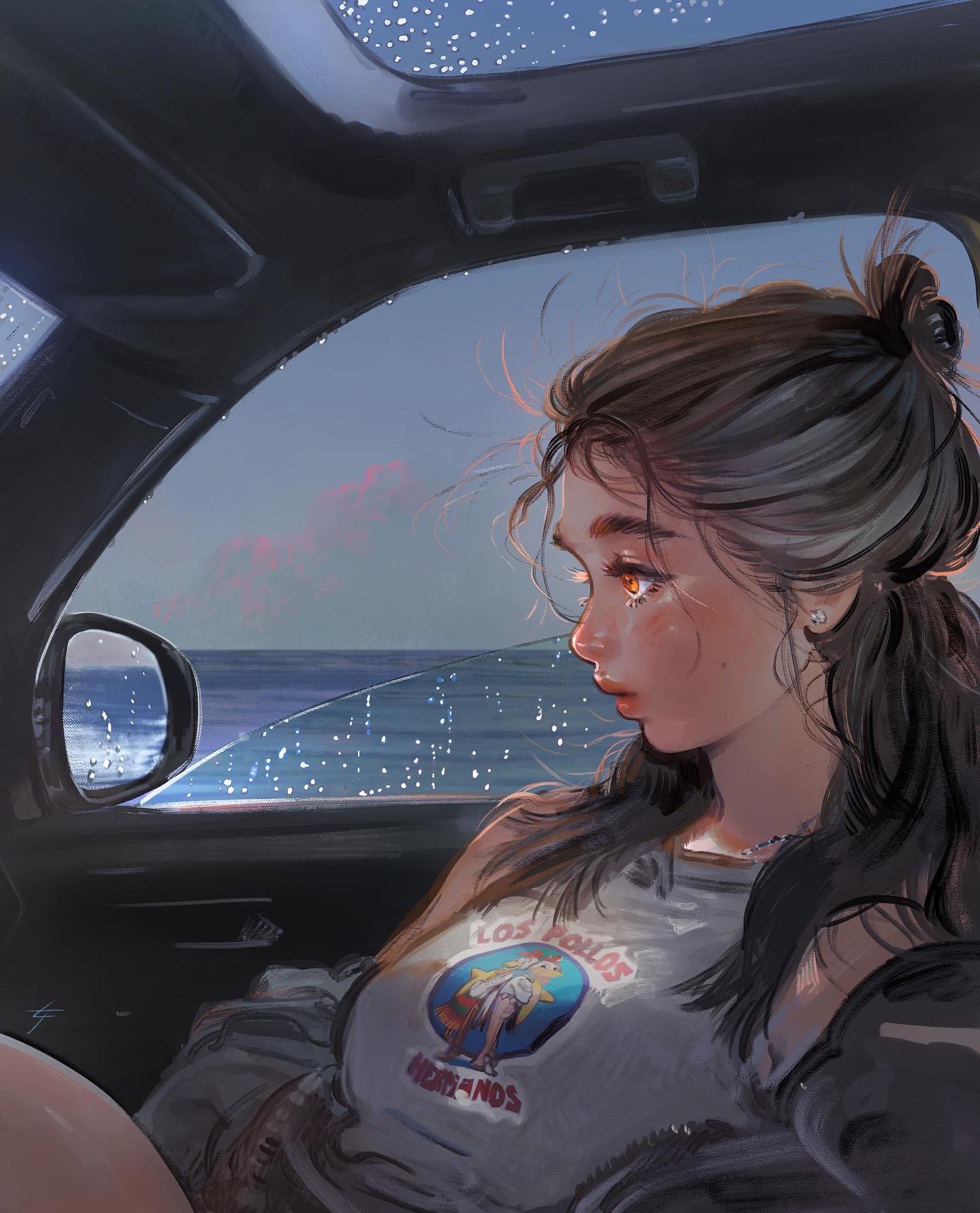 1girl car_interior character_request copyright_request earrings from_side highres horizon jewelry lips little_thunder long_hair looking_away los_pollos_hermanos mole mole_on_cheek night night_sky paid_reward_available parted_lips reclining sky sleeveless solo upper_body water