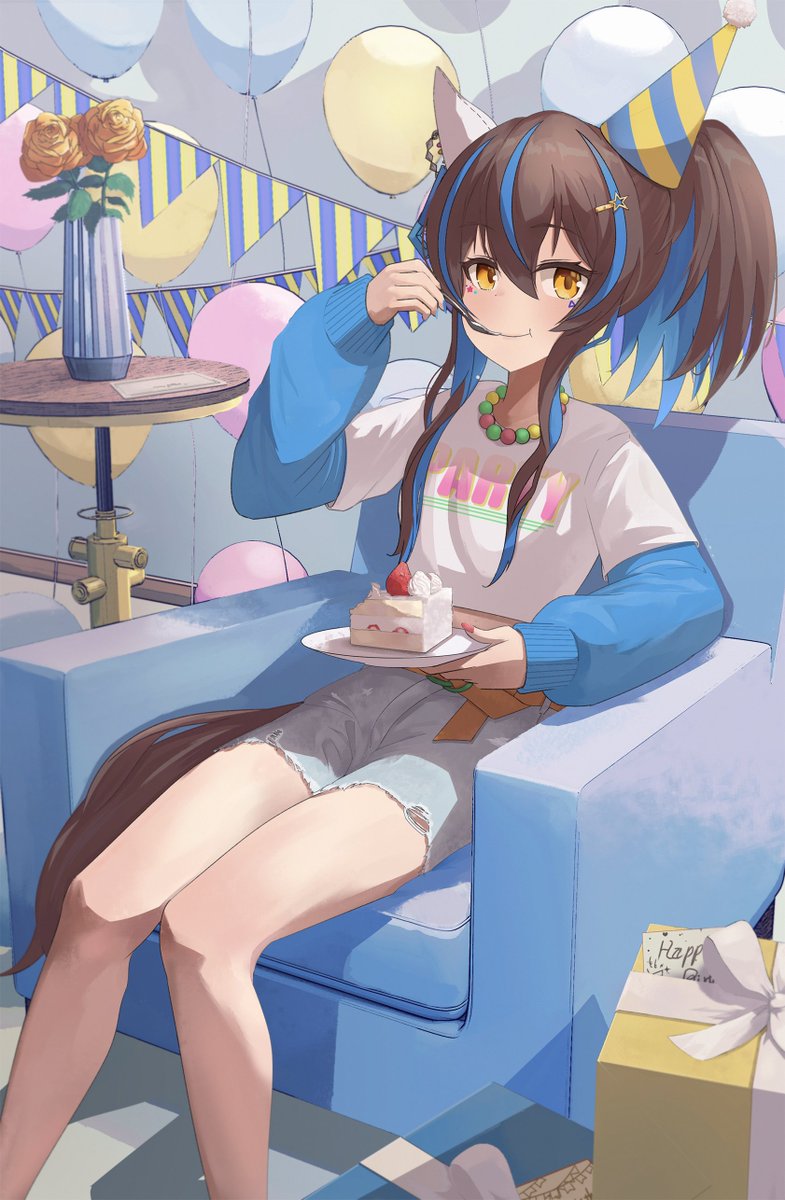 1girl :t animal_ears balloon bead_necklace beads blue_shirt blush box brown_hair cake cake_slice chair colored_inner_hair crop_top cutoffs daitaku_helios_(umamusume) ear_covers feet_out_of_frame flat_chest flower food fork gift gift_box grey_shorts hair_ornament hairclip happy_birthday hat highres holding holding_fork holding_plate horse_ears horse_girl horse_tail indoors jewelry kimura_komekami long_hair looking_at_viewer multicolored_hair necklace orange_flower orange_rose party_hat plant plate potted_plant rose shirt shirt_under_shirt short_shorts shorts side_ponytail sitting smile solo string_of_flags tail two-tone_hair umamusume utensil_in_mouth white_shirt