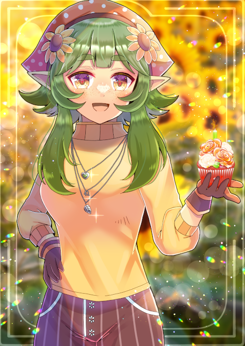 :d blurry blurry_background breasts brown_eyes brown_gloves brown_skirt commentary_request commission cupcake depth_of_field flower food freckles gloves green_hair hair_flower hair_ornament hand_up head_scarf holding holding_food indie_virtual_youtuber kira_mint kou_hiyoyo long_hair looking_at_viewer medium_breasts pointy_ears skeb_commission skirt smile striped striped_skirt sunflower sunflower_hair_ornament sweater thick_eyebrows vertical-striped_skirt vertical_stripes virtual_youtuber yellow_flower yellow_sweater