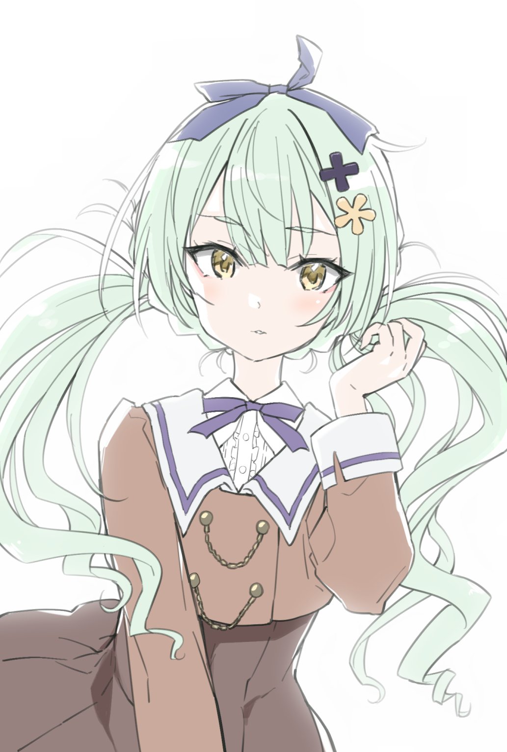 1girl aohashi_ame assault_lily blue_ribbon brown_jacket brown_skirt buttons center_frills collared_shirt commentary_request cropped_jacket flower frilled_shirt frills green_hair hair_between_eyes hair_flower hair_ornament hair_ribbon hand_up high-waist_skirt highres jacket long_hair long_sleeves looking_at_viewer low_twintails parted_lips ribbon school_uniform shirt simple_background skirt solo standing twintails ueda_imari upper_body white_background white_shirt yellow_eyes yellow_flower