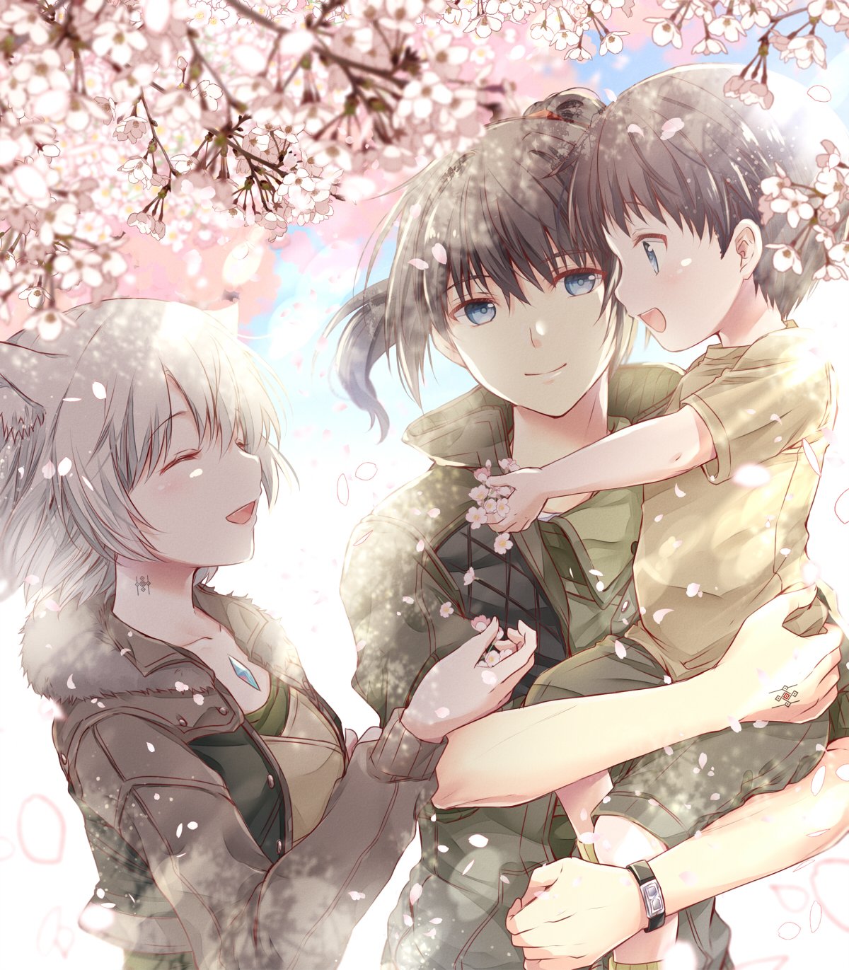 1girl 2boys animal_ears black_hair blue_eyes blush brown_jacket brown_shirt carrying carrying_person cat_ears cherry_blossoms chest_jewel closed_eyes closed_mouth commentary_request cropped_jacket family father_and_son flower fur-trimmed_jacket fur_trim green_jacket grey_hair hand_tattoo highres jacket long_hair long_sleeves looking_at_another mio_(xenoblade) mother_and_son multiple_boys neck_tattoo noah_(xenoblade) official_alternate_costume open_clothes open_jacket open_mouth outdoors petals pink_flower shirt short_hair short_sleeves smile spoilers tattoo ui_frara xenoblade_chronicles_(series) xenoblade_chronicles_3