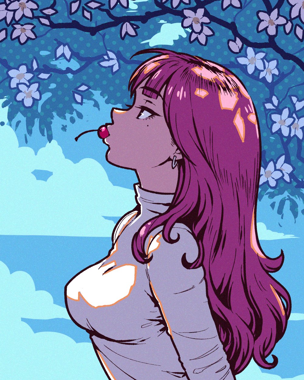 1girl akairiot blue_sky breasts cherry cherry_blossoms clouds cloudy_sky commentary earrings food food_in_mouth fruit highres hoop_earrings jewelry leaf long_hair medium_breasts mole original pink_hair pursed_lips shadow sky solo sweater symbol-only_commentary tree upper_body white_sweater
