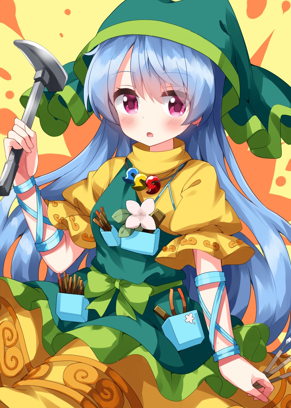 1girl apron arm_ribbon blue_hair blue_ribbon blush dress flower green_apron green_headwear hammer haniyasushin_keiki head_scarf highres holding holding_hammer jewelry long_hair magatama magatama_necklace necklace open_mouth pink_eyes ribbon ruu_(tksymkw) single_strap solo touhou upper_body white_flower yellow_dress