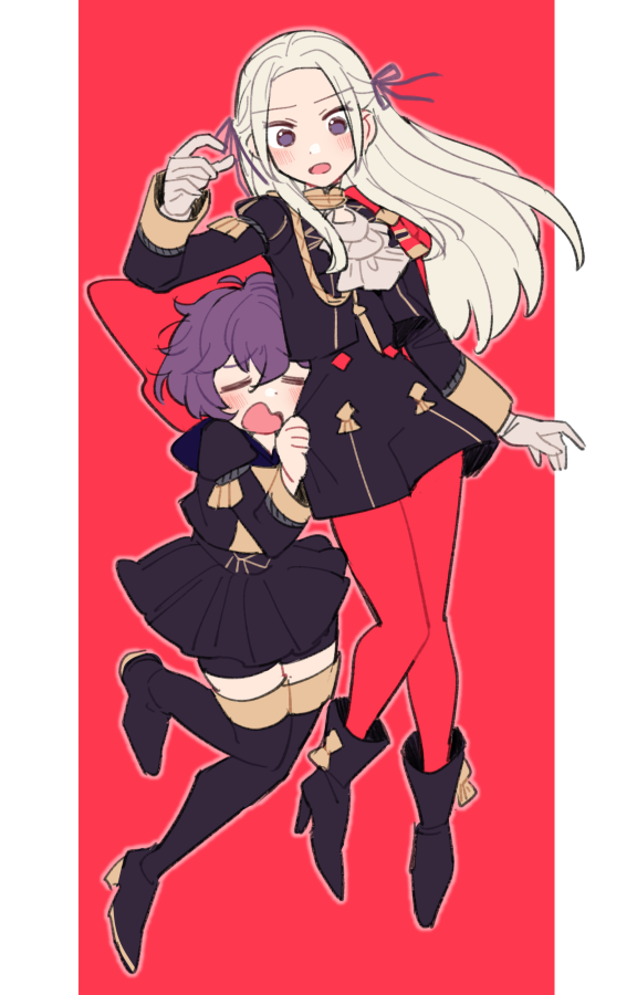 2girls ascot bernadetta_von_varley black_footwear black_skirt blush boots cape closed_eyes do_m_kaeru edelgard_von_hresvelg fire_emblem fire_emblem:_three_houses forehead full_body garreg_mach_monastery_uniform gloves grey_hair hair_ribbon height_difference long_hair long_sleeves multiple_girls open_mouth pantyhose purple_hair purple_ribbon red_cape red_pantyhose ribbon short_hair simple_background skirt uniform violet_eyes white_ascot white_gloves