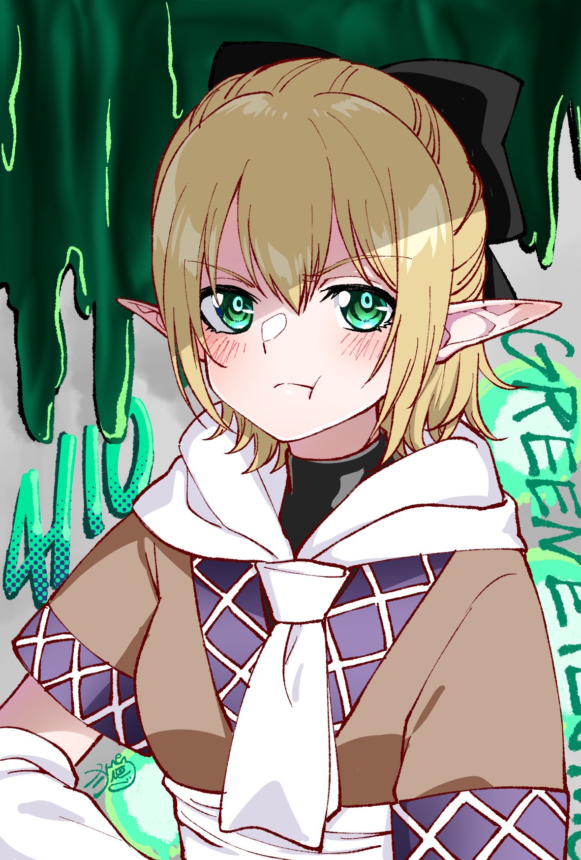1girl :t arm_warmers black_bow black_shirt blonde_hair blush bow breasts brown_shirt closed_mouth commentary dated dripping english_text frown graffiti green_eyes hair_between_eyes hair_bow highres kumeringo_touho long_bangs looking_at_viewer medium_breasts mizuhashi_parsee parsee_day pointy_ears pout scarf shirt short_hair short_sleeves signature solo touhou undershirt upper_body white_scarf