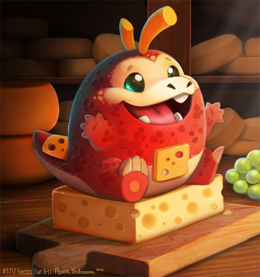 artist_name character_name cheese food fruit fuecoco grapes indoors no_humans open_mouth piper_thibodeau pokemon pokemon_(creature) sitting solo watermark